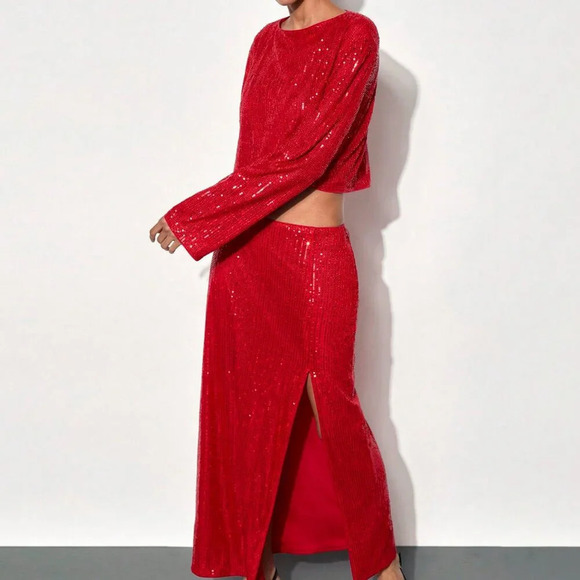 Red Party Women's Elegant Sparkling Sequin Side Slit Dress Set - Picture 6 of 6